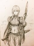  1girl armor belt belt_collar braid braided_ponytail breasts chest_belt cloak closed_mouth collar commentary_request covered_collarbone cowboy_shot crop_top cropped_shirt dual_wielding earrings fingerless_gloves fingernails gloves graphite_(medium) highres holding holding_behind_back holding_polearm holding_sword holding_sword_behind_back holding_weapon holding_weapon_behind_back jewelry jun_(navigavi) lips long_hair looking_at_viewer medium_breasts midriff monochrome multiple_scars navel nose original pants paper_background photo_(medium) polearm scar scar_on_cheek scar_on_face scar_on_stomach shirt shoulder_armor sketch sleeveless sleeveless_shirt solo spear sword traditional_media vambraces weapon 