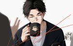  1boy akaashi_keiji black_hair black_sweater cellphone commentary_request cup glasses haikyuu!! highres holding holding_phone kkno_k male_focus mug phone rimless_eyewear shirt short_hair signature simple_background smartphone solo sweater t-shirt upper_body white_background white_shirt 