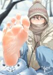  1girl absurdres artist_name barefoot beanie blue_pants blurry blurry_background brown_eyes brown_hair brown_scarf commentary_request day feet foot_focus foot_out_of_frame foreshortening hat highres jacket looking_at_viewer maburoku open_clothes open_jacket original outdoors pants pom_pom_(clothes) presenting_foot scarf signature sitting snow snowman soles solo spread_toes toes twitter_username winter_clothes 