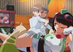  3girls artist_name black_hair breasts brown_hair commentary digimon digimon_(creature) digimon_story:_time_stranger dress english_commentary glasses goggles goggles_on_head green_dress grey_hair jacket large_breasts long_hair misono_inori multiple_girls sagisaka_hiroko semi-rimless_eyewear short_hair single_thighhigh supermondobeat terriermon_joshu thighhighs two-tone_dress under-rim_eyewear white_dress white_jacket white_thighhighs yuuki_kanan 
