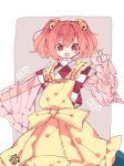  1girl apron bell border checkered_clothes checkered_kimono clothes_writing commentary_request front_bow green_skirt grey_background hair_bell hair_bobbles hair_ornament hand_up highres japanese_clothes jingle_bell kimono long_sleeves medium_hair motoori_kosuzu one-hour_drawing_challenge open_mouth orange_hair pinching_sleeves red_eyes red_kimono roamu_65 see-through_clothes see-through_sleeves simple_background skirt solo touhou two_side_up upper_body white_border white_kimono yellow_apron 