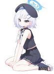  1girl beret billbung black_choker black_hat black_sailor_collar black_skirt blue_archive blue_eyes blue_halo blush choker commentary_request grey_hair halo hat highres looking_at_viewer neckerchief on_floor pleated_skirt sailor_collar simple_background sitting skirt sleeveless smile solo sumika_(blue_archive) sweatdrop wariza white_background white_neckerchief 
