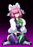  1girl artistic_error block_heels bow breasts collared_shirt drill_hair drill_sidelocks dynamax_band eyeshadow flipped_hair fur_jacket gradient_background hair_bow hairband jacket kenron_toqueen klara_(pokemon) lipstick makeup medium_breasts midriff_peek mole mole_on_cheek multicolored_thighhighs pink_eyeshadow pink_hair pink_lips pokemon pokemon_sword_and_shield print_shirt print_shorts purple_background purple_eyes shaded_face shirt short_hair shorts side_slit side_slit_shorts sidelocks sitting solo thick_thighs thighhighs thighs third-party_source two-tone_shirt two-tone_shorts two-tone_thighhighs wariza white_bow white_hairband 