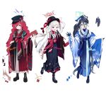  3girls absurdly_long_hair alternate_costume alternate_hairstyle aqua_halo aris_(blue_archive) beko_(beco_1122) black_boots black_gloves black_hair black_hakama black_hat black_socks blue_archive blue_eyes blue_hakama blush book boots bow bowtie checkered_clothes commentary_request double-parted_bangs fluffy_hair frilled_sleeves frills gloves gradient_clothes gradient_hair grey_eyes grey_hair hair_between_eyes hakama hakama_skirt halo hat hat_ribbon highres holding holding_book iroha_(blue_archive) japanese_clothes kneehighs lace-up_boots long_hair long_hair_between_eyes long_sleeves looking_at_viewer multicolored_hair multiple_girls mutsuki_(blue_archive) one_side_up open_mouth peaked_cap pleated_skirt purple_eyes purple_halo rectangular_halo red_bow red_bowtie red_hair red_hakama red_ribbon ribbon simple_background skirt sleeves_past_wrists smile socks very_long_hair white_background white_hakama wide_sleeves 