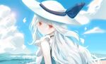  1girl alternate_costume arknights black_choker blue_ribbon blue_sky blush choker cloud commentary_request day double-parted_bangs dress fish from_side frown hair_between_eyes hat hat_ribbon highres large_hat long_hair looking_at_viewer mountainous_horizon ocean red_eyes ribbon sidelocks skadi_(arknights) sky sleeveless sleeveless_dress solo sparkle sun_hat turning_head upper_body white_dress white_hair white_hat yunu_nuyu 