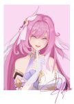  1girl absurdres bare_shoulders border breasts character_name chinese_commentary commentary_request corset diamond-shaped_pupils diamond_(shape) elf elysia_(herrscher_of_human:_ego)_(honkai_impact) elysia_(honkai_impact) hathor_(xhs_3537657549) highres honkai_(series) honkai_impact_3rd index_finger_raised large_breasts long_hair looking_at_viewer multicolored_hair open_mouth pink_background pink_hair pointy_ears purple_eyes smile solo symbol-shaped_pupils triquetra two-tone_hair veil very_long_hair white_border white_corset white_hair white_veil 