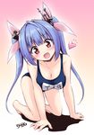  :d all_fours barefoot blue_hair blush breasts cleavage hair_ribbon heart i-19_(kantai_collection) kantai_collection large_breasts long_hair looking_at_viewer marugoshi_(54burger) one-piece_swimsuit open_mouth red_eyes ribbon school_swimsuit smile solo swimsuit twintails 