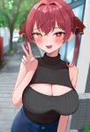  1girl :d absurdres bare_shoulders black_sweater blurry blurry_background blush breasts bright_pupils cleavage cleavage_cutout clothing_cutout commentary_request denim fang hair_intakes hair_ribbon heart heart-shaped_pupils heterochromia highres hololive houshou_marine jeans jun_(jun_mysk) large_breasts long_hair looking_at_viewer open_mouth outdoors pants red_eyes red_hair red_ribbon ribbed_sweater ribbon skin_fang sleeveless sleeveless_sweater smile solo sweater symbol-shaped_pupils turtleneck turtleneck_sweater twintails v virtual_youtuber yellow_eyes 