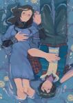  1boy 1girl absurdres blue_vest brown_hair closed_mouth commentary dress english_commentary eyelashes fingernails from_above grey_pants hand_on_own_chest hand_on_own_stomach highres hood hood_down hoodie junpei_(kyokugen_dasshutsu) kurashiki_akane kyokugen_dasshutsu kyokugen_dasshutsu:_9_jikan_9_nin_9_no_tobira layered_sleeves long_hair long_sleeves lying_on_water milaza open_clothes open_vest pants plaid_clothes plaid_shirt purple_dress purple_eyes red_shirt shirt short_hair short_over_long_sleeves short_sleeves vest water white_hoodie 
