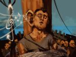  1boy 6+others absurdres angry_bird_ear_(meme) asianfissureman boat charlie_kirk closed_eyes commentary english_commentary highres large_ears meme multiple_others muscular muscular_male musical_note ocean odysseus_(mythology) on_boat parted_lips real_life restrained tan the_odyssey_(2026_movie) watercraft 