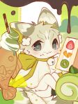  1other :3 animal bell blush cake commentary food fruit furry grey_eyes highres jingle_bell kiwi_(fruit) looking_at_viewer mew_mew_chikorita_moon neck_bell original other_focus ribbon solo strawberry sweets swiss_roll untranslatable_commentary wagashi whipped_cream 