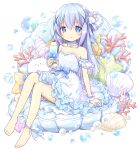  1girl angora_rabbit animal bare_shoulders barefoot blue_bow blue_eyes blue_hair bow breasts clam_shell closed_mouth collarbone commentary_request conch coral crazy_straw cup dress drink drinking_straw frilled_dress frills gochuumon_wa_usagi_desu_ka? hair_between_eyes hair_ornament highres holding holding_cup kafuu_chino long_hair nanase_miori rabbit seashell shell small_breasts smile solo_focus star_(symbol) strapless strapless_dress tippy_(gochiusa) very_long_hair white_dress wrist_cuffs x_hair_ornament 