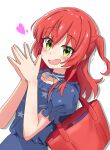  1girl \||/ absurdres bag blue_dress blue_ribbon blush bocchi_the_rock! choker commentary double_\||/ dress frilled_dress frilled_sleeves frills green_eyes hair_between_eyes heart highres kita_ikuyo lace-trimmed_choker lace_trim long_hair looking_at_viewer neck_ribbon one_side_up open_mouth puffy_short_sleeves puffy_sleeves red_hair ribbon short_sleeves shoulder_bag sidelocks sim_evo smile solo star_(symbol) star_print white_background 
