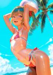  1girl :d arched_back arms_up ball bare_arms beach beachball bikini blue_sky blurry blurry_background brown_hair cloud commentary_request day flat_chest hair_ornament hair_scrunchie highres holding holding_ball holding_beachball looking_at_viewer navel ocean open_mouth original palm_tree red_bikini red_eyes red_scrunchie scrunchie side_ponytail sidelocks sky smile solo standing swimsuit tanlines teeth tree upper_teeth_only uzuki_mei 