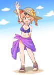  1girl :d ;d alternate_costume alternate_headwear arm_behind_back arm_up bikini breasts bright_pupils brown_hat cleavage commentary_request commission drill_hair earrings eyewear_on_head flower full_body hat hat_flower highres jewelry large_breasts looking_at_viewer mizusoba navel one_eye_closed open_mouth orange_eyes pink_hair purple_bikini purple_sarong round_eyewear sarong skeb_commission smile solo stomach straw_hat sunglasses swimsuit toes touhou twin_drills waving white_pupils yellow_flower yorigami_jo'on 