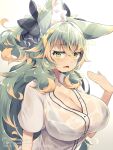  1girl animal_ear_fluff animal_ears black_bow black_bra bow bra bra_visible_through_clothes breasts cleavage collared_shirt commentary_request green_eyes green_hair grey_background hair_bow hot kuromiya kuromiya_raika_(kuromiya) long_hair looking_at_viewer multicolored_hair orange_hair original see-through_clothes see-through_shirt shirt short_sleeves solo two-tone_background two-tone_hair underwear white_background white_shirt 