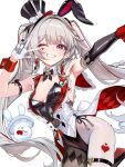  1girl :d alternate_costume animal_ears armpits asymmetrical_gloves black_bow black_bowtie black_gloves black_leotard blush bow bowtie breasts commentary_request detached_collar diamond_(shape) diamond_facial_mark elbow_gloves facial_mark fake_animal_ears gloves grey_hair half_gloves heart heart_facial_mark highres honkai:_star_rail honkai_(series) leotard looking_at_viewer mark_under_both_eyes mismatched_gloves nontraditional_playboy_bunny pantyhose purple_eyes rabbit_ears shirokitsune simple_background small_breasts smile solo sparkle_(honkai:_star_rail) sparxie_(honkai:_star_rail) strapless strapless_leotard thigh_strap twintails uneven_gloves white_background white_gloves white_mouth white_pantyhose wing_collar 