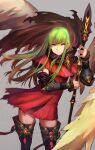  1girl black_boots boots brown_cloak brown_hair capelet cloak closed_mouth commentary_request contrapposto cowboy_shot cropped dress feathered_wings gradient_background gradient_hair green_hair grey_background highres holding holding_polearm holding_weapon jun_(navigavi) lips long_hair looking_at_viewer multicolored_hair nose original polearm red_capelet red_dress sidelocks solo spear thigh_boots thighs torn_cloak torn_clothes vambraces weapon wings yellow_eyes 