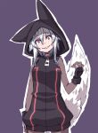  1girl anger_vein animal_ears black_gloves black_hoodie commentary_request fingerless_gloves gloves grin highres hood hoodie inubashiri_momiji kuro-ekaki looking_at_viewer outline purple_background red_eyes short_hair sleeveless sleeveless_hoodie smile solo tail touhou white_hair white_outline wolf_ears wolf_girl wolf_tail zipper zipper_pull_tab 