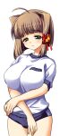  1girl ahoge ayatsuji_yuki bell black_buruma blue_buruma blush breasts brown_hair buruma cameltoe crossed_arms frown game_asset green_eyes gym_uniform hair_bell hair_ornament hair_ribbon kamei large_breasts large_variant_set non-web_source official_art ribbon sad seito_kaichou_hikaru self-datamine short_hair simple_background solo tachi-e transparent_background variant_set 