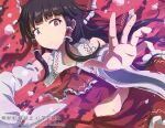  black_hair commentary_request detached_sleeves expressionless gurina_15 hair_tubes hakurei_reimu highres long_hair looking_at_viewer midriff navel outstretched_arms red_background red_eyes red_shirt red_skirt shirt sidelocks skirt skirt_set sleeveless sleeveless_shirt touhou wide_sleeves 