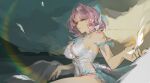  1girl absurdres armlet bare_shoulders bead_armlet breasts chinese_commentary closed_mouth commentary_request covered_navel frilled_one-piece_swimsuit frills from_side hair_intakes highres jewelry large_breasts medium_hair official_alternate_costume one-piece_swimsuit pink_hair pointy_ears purple_eyes purple_sarong remielle_dan remielle_dan_(seashade_pas_seul) sarong selina_makabaka solo swimsuit white_one-piece_swimsuit white_wings wings zenless_zone_zero 