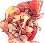  2girls ascot black_vest blonde_hair bow braid brown_eyes brown_hair chinese_commentary closed_eyes commentary_request detached_sleeves french_kiss frilled_bow frilled_hair_tubes frills hair_bow hair_tubes hakurei_reimu hug kirisame_marisa kiss long_hair missing_headwear mowuze multiple_girls red_bow side_braid simple_background single_braid surprise_kiss surprised touhou vest white_background yellow_ascot yuri 