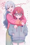 2girls bang_dream! bang_dream!_yumemita bespectacled black-framed_eyewear blush cardigan commentary_request glasses grey_hair hair_ornament hairclip highres hood hoodie hug hug_from_behind long_hair long_sleeves looking_at_viewer midori_(bangdreamgh) miyanaga_nonoka miyanaga_nonoka_(real) multiple_girls open_mouth pink_cardigan pink_hair red_eyes sengoku_yuno sengoku_yuno_(real) skirt smile x_hair_ornament 