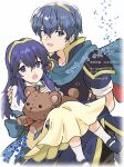  1boy 1girl :d :o aged_down ancestor_and_descendant armor black_pants blue_cape blue_eyes blue_gloves blue_hair blue_petals blue_shoes blush cape carrying child fingerless_gloves fire_emblem fire_emblem:_mystery_of_the_emblem fire_emblem_awakening gloves hair_between_eyes highres holding holding_stuffed_toy kiriya_(552260) long_hair looking_at_viewer lucina_(fire_emblem) marth_(fire_emblem) pants petals princess_carry red_cape shoes short_hair short_sleeves shoulder_armor skirt smile socks stuffed_animal stuffed_toy teddy_bear tiara two-tone_cape white_background white_socks yellow_skirt 