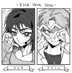  1boy 1girl alien_stage closed_mouth commentary english_commentary english_text four-finger_heart_hands greyscale half-heart_hands heart heart_hands highres jacket jewelry long_sleeves microphone monochrome necklace p9kk3 shirt sua_(alien_stage) till_(alien_stage) 