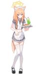  1girl absurdres animal_ear_fluff animal_ears apron blue_archive braid cat_ears cat_girl commentary crop_top flower food frilled_apron frills full_body halo highres holding holding_tray maid_headdress mari_(blue_archive) mary_janes midriff navel omelet omurice orange_hair puffy_short_sleeves puffy_sleeves shoes short_sleeves side_braid solo suumon tank_top thighhighs tray waist_apron waitress white_apron white_background white_flower white_tank_top white_thighhighs yellow_halo 