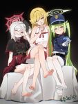  3girls armband artist_name barefoot black_flower black_scrunchie blonde_hair blue_archive blue_armband buttons chromatic_aberration commentary crossed_legs crossover double-breasted dress english_commentary fang feet finger_to_mouth flower foot_focus full_body gloves green_hair green_halo grey_hair grin hair_flower hair_ornament half-closed_eyes halo hat highres long_hair looking_at_viewer monogatari_(series) multiple_girls mutsuki_(blue_archive) no_shoes nozomi_(blue_archive) ok_sign ok_sign_over_eye one_eye_closed oshino_shinobu outstretched_arm pantyhose peaked_cap pointy_ears presenting_own_foot purple_eyes red_halo scrunchie shushing side_ponytail sitting smile soles sydus textless_version thighs toes train_conductor twintails twitter_username v very_long_hair white_dress white_gloves white_pantyhose yellow_eyes 