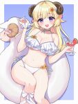  1girl :d absurdres animal_ears bikini blonde_hair blue_background blush border breasts cleavage commentary cowboy_shot cup curled_horns dot_nose drink drinking_glass drinking_straw english_commentary flower flower_bikini food frilled_wrist_cuffs frills fruit hair_flower hair_ornament halterneck highres holding holding_drink hololive hololive_dreams horns ice ice_cube innertube knees large_breasts long_hair navel official_alternate_costume on_innertube purple_eyes ruffle_bikini sheep_girl sheep_horns side-tie_bikini_bottom smile solo spongeb0bfan sunflower swim_ring swimsuit teeth tsunomaki_watame tsunomaki_watame_(floatie_float_time) upper_teeth_only virtual_youtuber watermelon watermelon_slice white_bikini white_border white_flower white_wrist_cuffs wrist_cuffs 
