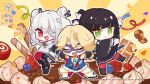  3girls absurdres black_hair blonde_hair cake carole_reaper chibi chibi_only closed_eyes copyright_logo copyright_name copyright_notice double_bun eye_mask eyepatch fang food green_eyes grey_hair hair_bun hair_ornament hair_tie hairclip heaven_burns_red highres katana key_(company) logo mask multiple_girls natsume_inori official_art open_mouth pastry red_eyes skin_fang sword weapon yamawaki_bon_ivar 