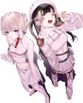 2girls absurdres bare_shoulders belt_pouch beret black_bodystocking blonde_hair blue_eyes clothing_cutout commentary_request cosplay costume_switch green_nails hakogitsune half-skirt halter_shirt halterneck hat highres hololive hololive_dev_is juufuutei_raden juufuutei_raden_(regloss_uniform) leotard long_hair long_sleeves looking_at_viewer midriff multiple_girls nail_polish navel official_alternate_costume open_mouth pleated_skirt pouch purple_eyes purple_hair shirt short_hair shoulder_cutout shrug_(clothing) simple_background skirt todoroki_hajime todoroki_hajime_(regloss_uniform) two_side_up virtual_youtuber white_background white_hat white_leotard white_shirt white_shrug white_skirt 