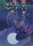  1girl absurdres animal_ears armor armored_boots boots bottomless crescemon digimon digimon_(creature) furry furry_female gauntlets grass helmet highres holding holding_scythe holding_shield holding_weapon leaf mask moon night no_pussy notaventura outdoors pink_fur purple_shirt rabbit_ears rabbit_girl rain reflection reflection_focus reflective_liquid ripples scythe shield shirt solo weapon 