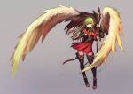  1girl black_boots boots brown_cloak brown_hair capelet cloak closed_mouth commentary_request contrapposto dress feathered_wings full_body gradient_background gradient_hair green_hair grey_background highres holding holding_polearm holding_weapon jun_(navigavi) lips long_hair looking_at_viewer multicolored_hair nose open-toe_boots original polearm red_capelet red_dress sidelocks solo spear standing thigh_boots thighs toeless_legwear torn_cloak torn_clothes vambraces weapon wings yellow_eyes 