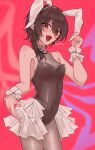  1girl absurdres animal_ear_hairband animal_ears artist_name asymmetrical_wings bare_shoulders black_hair black_leotard blue_wings blush bodystocking breasts commentary_request covered_navel earrings fake_animal_ears fang frilled_wrist_cuffs frills hair_between_eyes hairband heart heart_earrings highleg highleg_leotard highres houjuu_nue jewelry leotard nontraditional_playboy_bunny open_mouth panilla pantyhose playboy_bunny pointy_ears rabbit_ear_hairband rabbit_ears red_background red_eyes red_nails red_wings see-through_cleavage see-through_clothes small_breasts solo strapless strapless_leotard touhou twitter_username white_hairband white_wrist_cuffs wings wrist_cuffs 