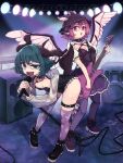  2girls absurdres alternate_costume animal_ears belt belt_collar bird_ears bird_wings black_boots black_choker black_leotard boots breasts brown_collar choker choujuu_gigaku cleavage collar commentary_request cross cross_necklace dog_ears dog_girl dog_tail fang green_eyes green_hair guitar highres holding holding_guitar holding_instrument holding_microphone_stand instrument jewelry kaden_(muxt8423) kasodani_kyouko leaning_forward leotard looking_at_viewer microphone_stand multiple_girls mystia_lorelei necklace open_mouth pink_eyes pink_hair pink_thighhighs playboy_bunny print_thighhighs purple_boots purple_leotard short_hair shrug_(clothing) singing skin_fang skindentation small_breasts smile speaker spiked_choker spikes stage stage_lights star_(symbol) star_print strapless strapless_leotard tail thigh_belt thigh_strap thighhighs touhou white_shrug winged_hat wings 