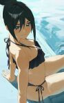  1girl absurdres arm_support bare_arms bare_shoulders bikini black_bikini black_hair breasts closed_mouth commentary english_commentary from_side green_eyes hair_between_eyes hair_bun highres looking_at_viewer medium_breasts original pool poolside ruffle_bikini side-tie_bikini_bottom single_hair_bun sitting solo swimsuit turning_head water yashitani 