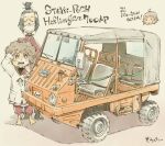  3girls afro andou_(zesshaka) arm_up bangs_pinned_back barefoot black_eyes black_shoes brown_hair car commentary grey_background half-closed_eyes hat highres jacket looking_at_viewer mask mini_hat momose_riko motor_vehicle mouth_mask multiple_girls orange_car red_eyes red_hat red_jacket red_sailor_collar red_shorts sailor_collar salute sekihan shoes shorts signature simple_background standing steyr-puch steyr-puch_haflinger tama_(zesshaka) topknot track_jacket translation_request vehicle_focus vehicle_name white_jacket zesshaka!_shiritsu_yotsuwa_joshi_gakuin_zetsumetsu_kigu-sha_gakka 