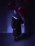 1girl absurdres alternate_costume bad_id bad_pixiv_id balloon black_dress commentary darkness door dress full_body glowing glowing_eyes heart_balloon highres holding holding_balloon indoors long_sleeves looking_at_viewer neck_ribbon red_eyes ribbon rumia sawararado shadow short_hair solo touhou 