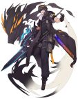  1boy black_boots black_coat black_gloves black_hair black_pants boots chain_paradox coat gloves highres holding holding_weapon male_focus mayudachi_alone multicolored_hair pants pouch red_cat_hood streaked_hair sunglasses thigh_pouch weapon 