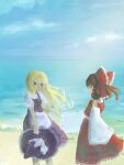  2girls apron ascot beach black_hat black_skirt black_vest blonde_hair bow brown_eyes brown_hair commentary detached_sleeves english_commentary frilled_bow frilled_hair_tubes frills hair_bow hair_tubes hakurei_reimu hat hat_bow highres holding holding_unworn_clothes holding_unworn_hat kirisame_marisa krermaki long_hair multiple_girls ocean outdoors red_bow red_skirt ribbon-trimmed_skirt ribbon-trimmed_sleeves ribbon_trim sand skirt skirt_set touhou twitter_username unworn_hat unworn_headwear vest waist_apron water white_apron white_bow witch_hat yellow_ascot 