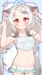  1girl :< abstract_background bikini black_streaks blue_archive blue_halo blush commentary_request cowboy_shot flat_chest forehead frilled_bikini frills gradient_hair grid_background groin hair_ornament hairclip halo highres kokona_(blue_archive) kokona_(swimsuit)_(blue_archive) long_hair long_sidelocks looking_up low_twintails lowleg lowleg_bikini multicolored_hair navel official_alternate_costume official_alternate_hairstyle orange_eyes outline ruru1525 sidelocks solo squiggle streaked_hair swimsuit twintails very_long_hair white_background white_hair white_outline 