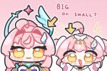  2girls :3 aemeath_(wuthering_waves) aemeath_(young)_(wuthering_waves) ahoge arrow_(symbol) blush_stickers chibi chibi_only closed_mouth commentary_request dress dual_persona english_text gradient_background hair_ornament long_hair looking_at_viewer multiple_girls open_mouth pink_background pink_hair smile syurikenmaru waving white_dress wing_hair_ornament wuthering_waves yellow_eyes 