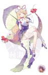 1girl absurdres blonde_hair blush bow breasts chinese_commentary commentary_request dress folding_fan frilled_umbrella frills gap_(touhou) gloves hair_bow hand_fan hat hat_ribbon highres holding holding_umbrella large_breasts legs long_hair looking_at_viewer mob_cap one_eye_closed parasol purple_dress ribbon smile solo thighs touhou umbrella watermark white_background xuezai yakumo_yukari yellow_eyes 