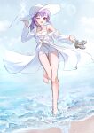  1girl absurdres atsuko_(blue_archive) atsuko_(swimsuit)_(blue_archive) bare_shoulders beach bikini blue_archive breasts cleavage collarbone commentary day frilled_bikini frills full_body hair_between_eyes halo hat highres long_hair looking_at_viewer low_ponytail nail_polish navel ocean official_alternate_costume open_mouth outdoors oyasumeal ponytail purple_eyes purple_hair sidelocks small_breasts solo standing standing_on_one_leg stomach sun_hat swimsuit white_bikini white_halo white_hat 