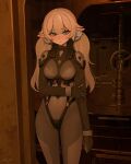  1girl arm_across_waist black_bodysuit bodysuit breasts commentary elf gloves green_eyes hair_rings highres indoors kiriyaukiyoe laika_(kiriyaukiyoe) large_breasts long_hair long_pointy_ears looking_at_viewer multicolored_bodysuit original pointy_ears solo twintails two-tone_bodysuit untranslatable_commentary 