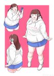  1girl aqua_skirt aruru_(rnruru) back blunt_bangs blush border breasts brown_hair cellphone closed_eyes collarbone cowboy_shot drawstring fat fatter_than_canon from_side full_body furima-chan headphones highres holding holding_phone hood hood_down hoodie kneehighs large_breasts laughing long_hair long_sleeves miniskirt mob_face multiple_views open_mouth outside_border phone pink_background shoes sidelocks simple_background skirt smartphone smile socks solid_oval_eyes standing twitter_username white_border white_hoodie white_shoes white_socks yahoo! 